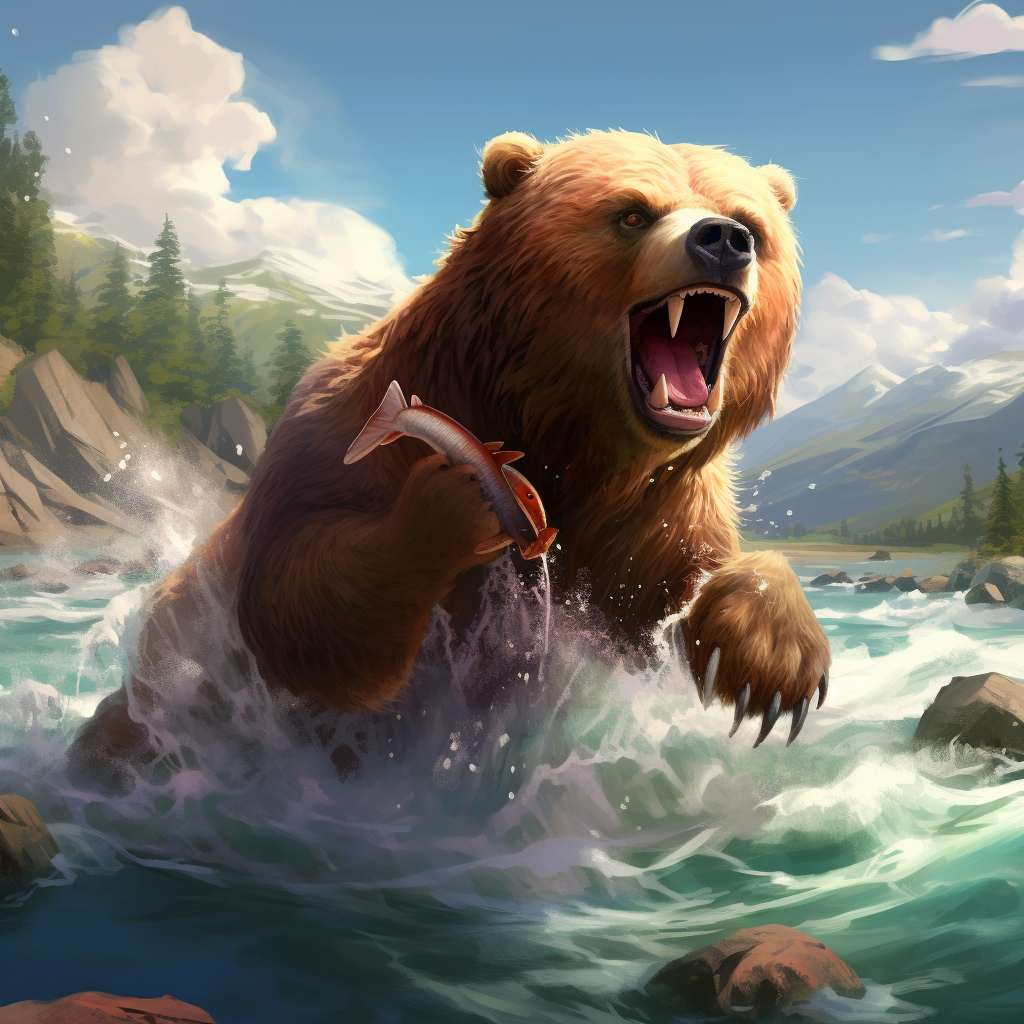 Bear catching salmon at river mouth