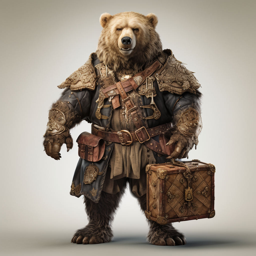 Bear soldier holding wooden treasure box