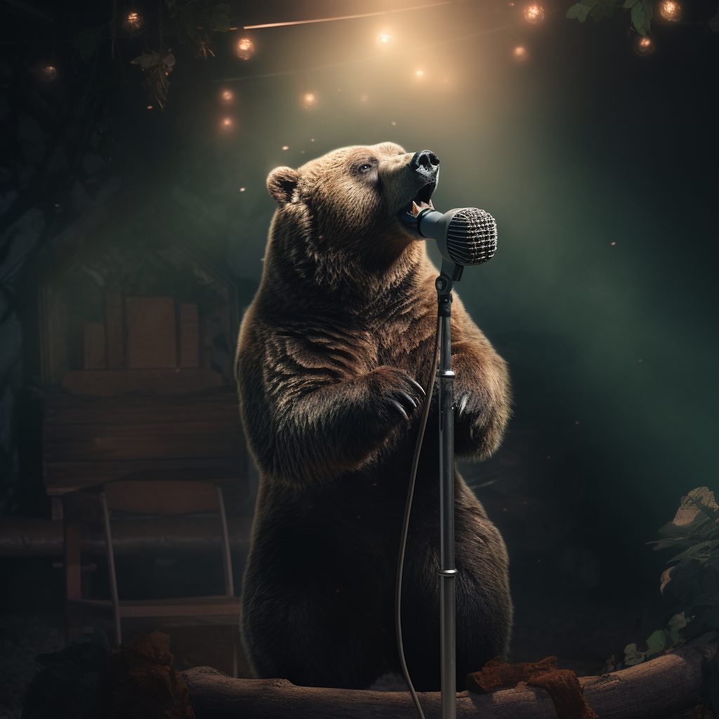 Photo realistic image of a bear with microphone and stage setup