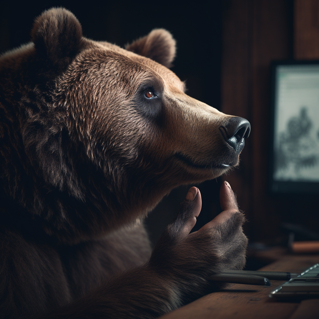 Bear Thinking While Using a Computer