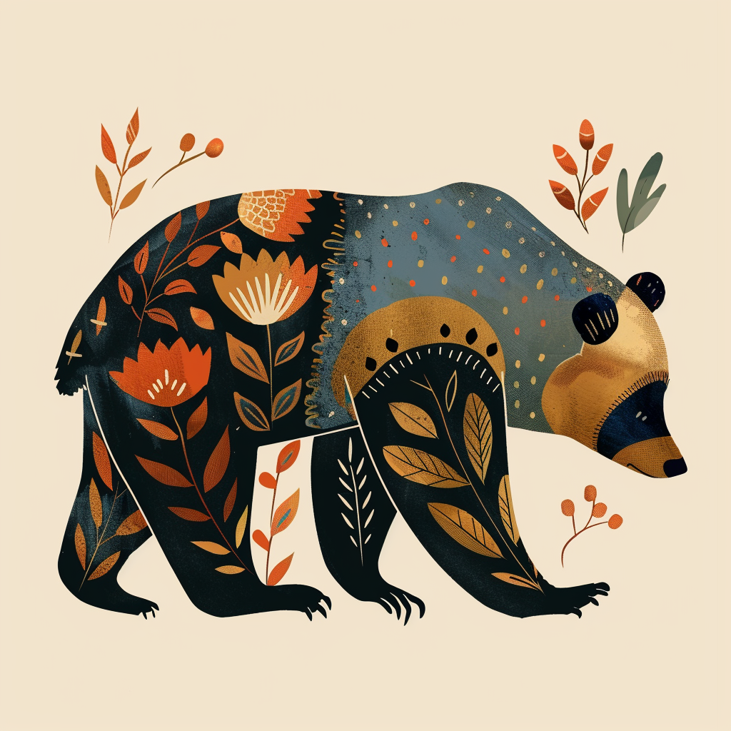 Bear walking in folk illustration