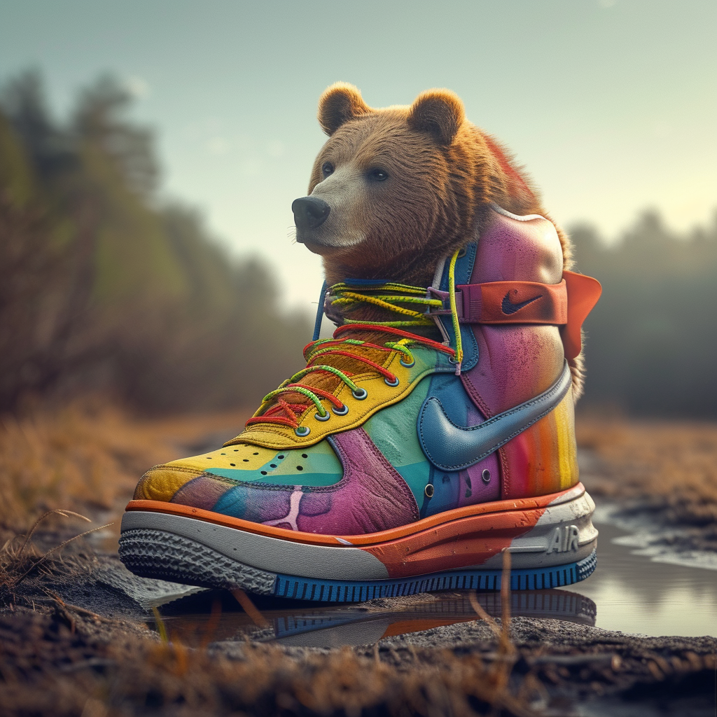 Bear wearing colorful Nike Airforce shoes