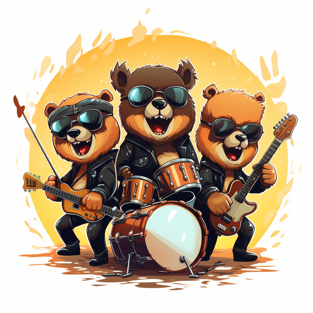 Smiling bear cartoon rock band playing music