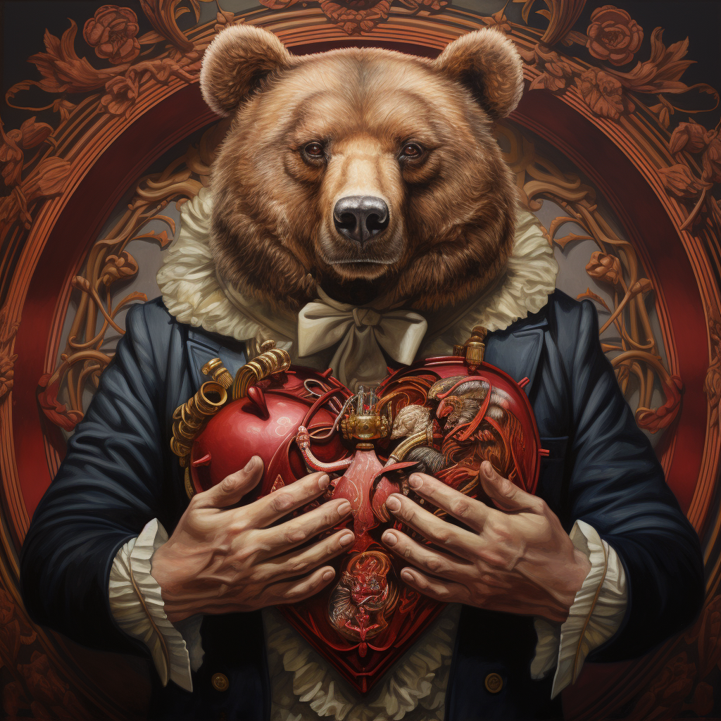 Man wearing bear head eating heart