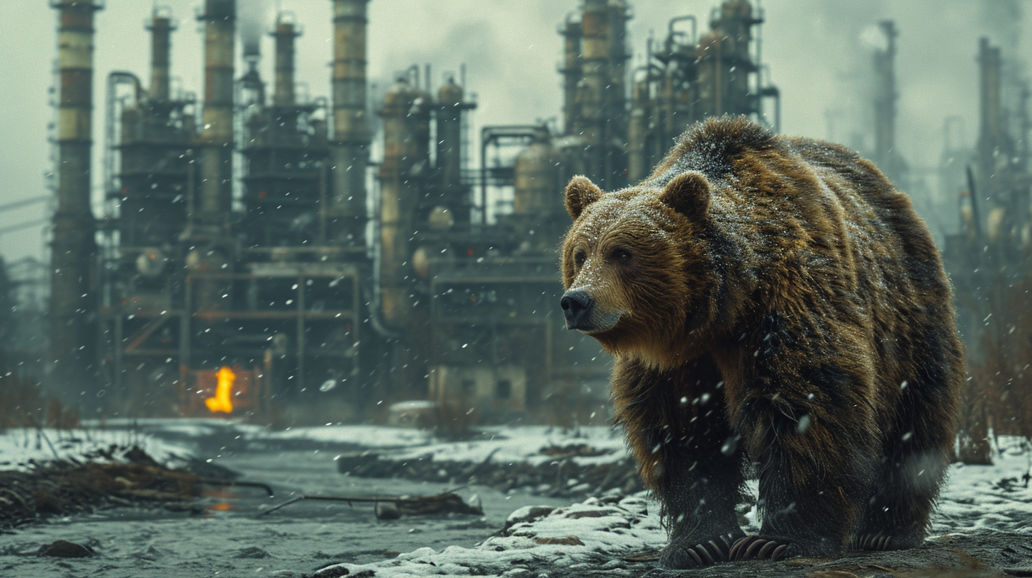 Bear by River with Chemical Plant in Snow