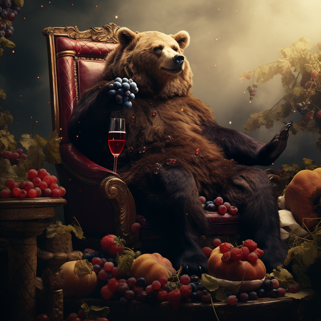 Bear on trash throne eating grapes