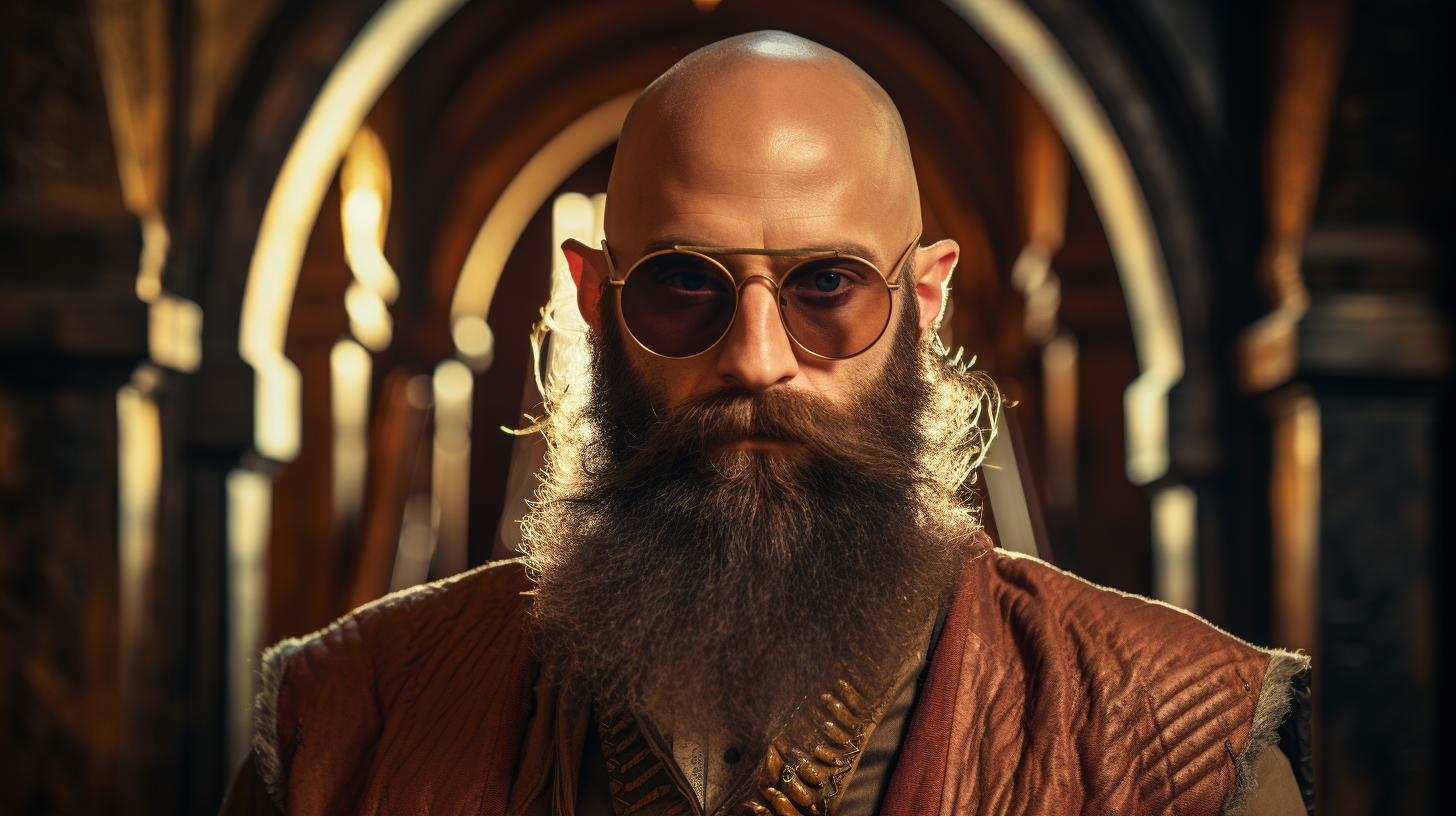 Bearded bald hipster entering Helms Deep