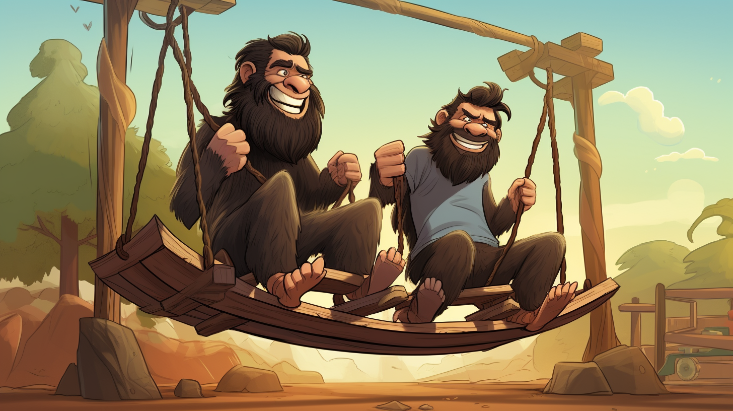 Two bearded cavemen on a teeter totter at a playground