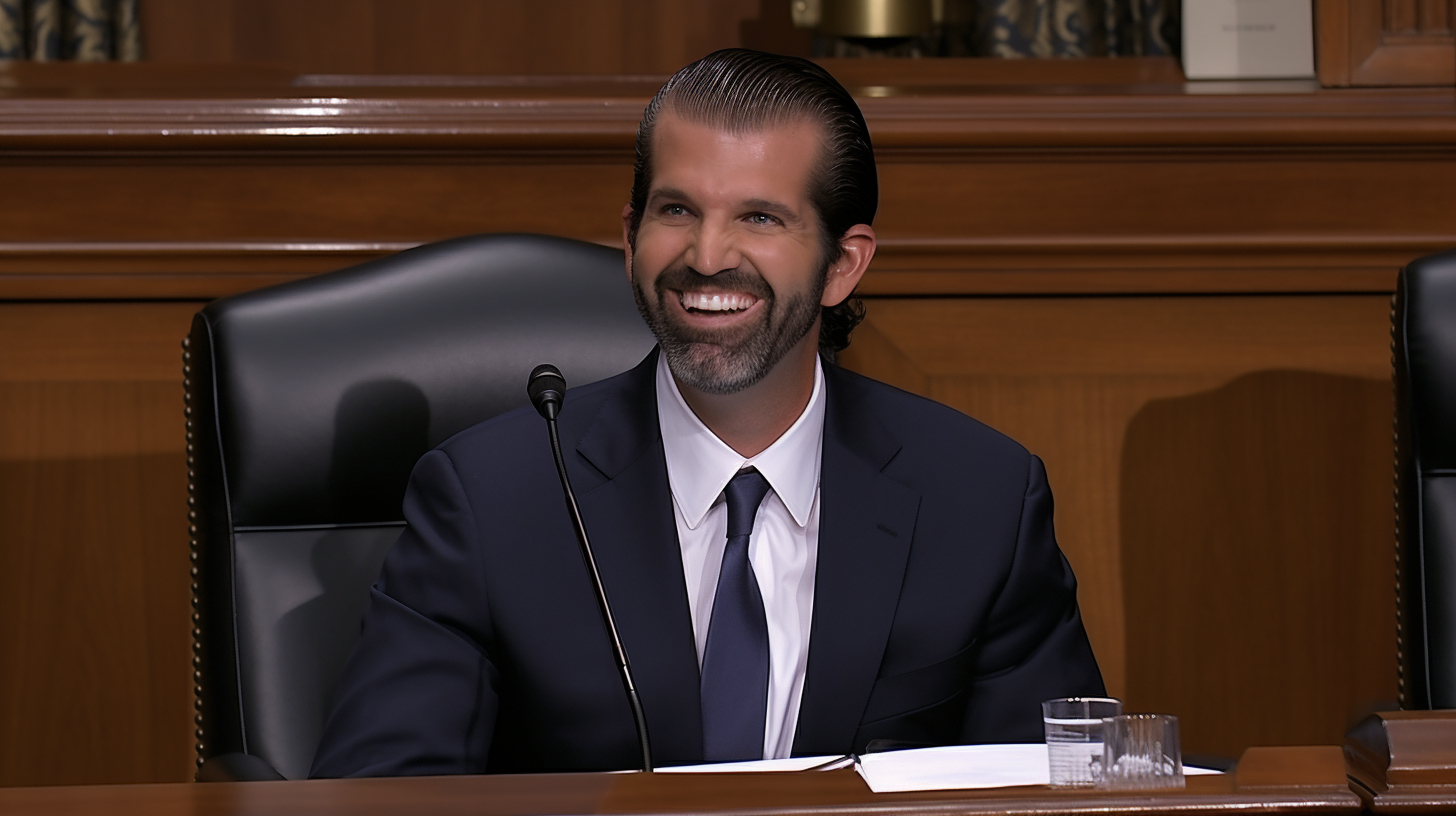 Bearded Donald Trump Jr. laughing on the witness stand