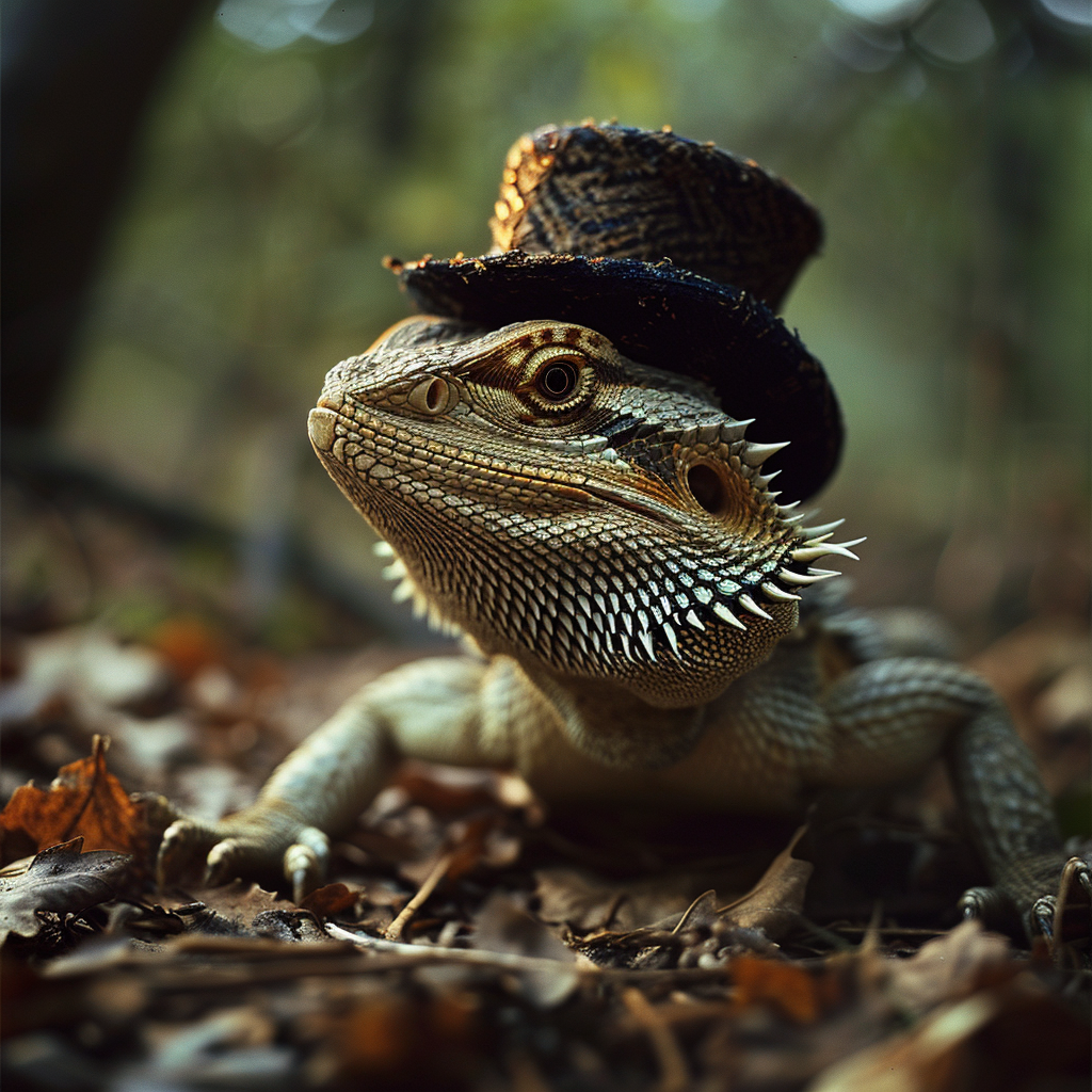 Bearded dragon wearing top hat in forest