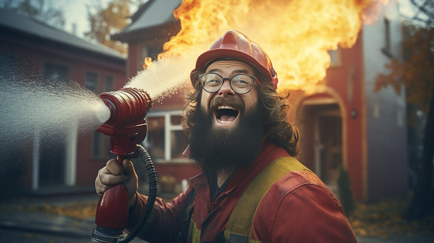 Bearded hipster firefighter extinguishing house fire