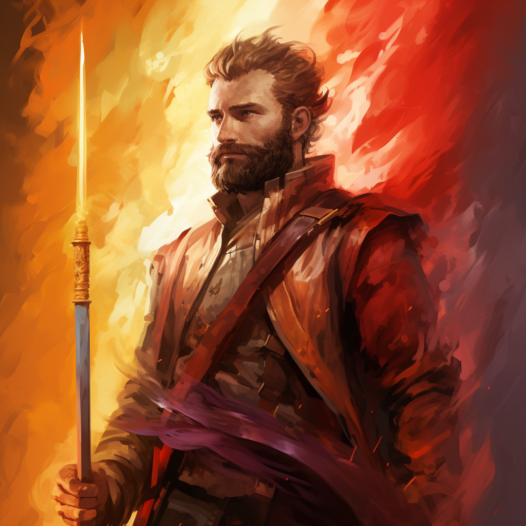 Bearded character with long staff in warm color palette