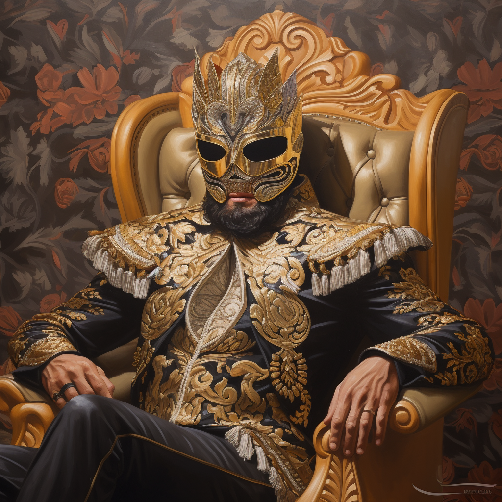 Bearded luchador on golden throne