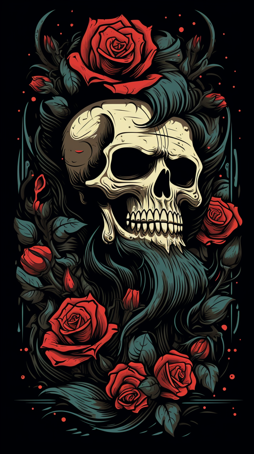 Flat illustration of bearded mad skull, biker skull, red roses