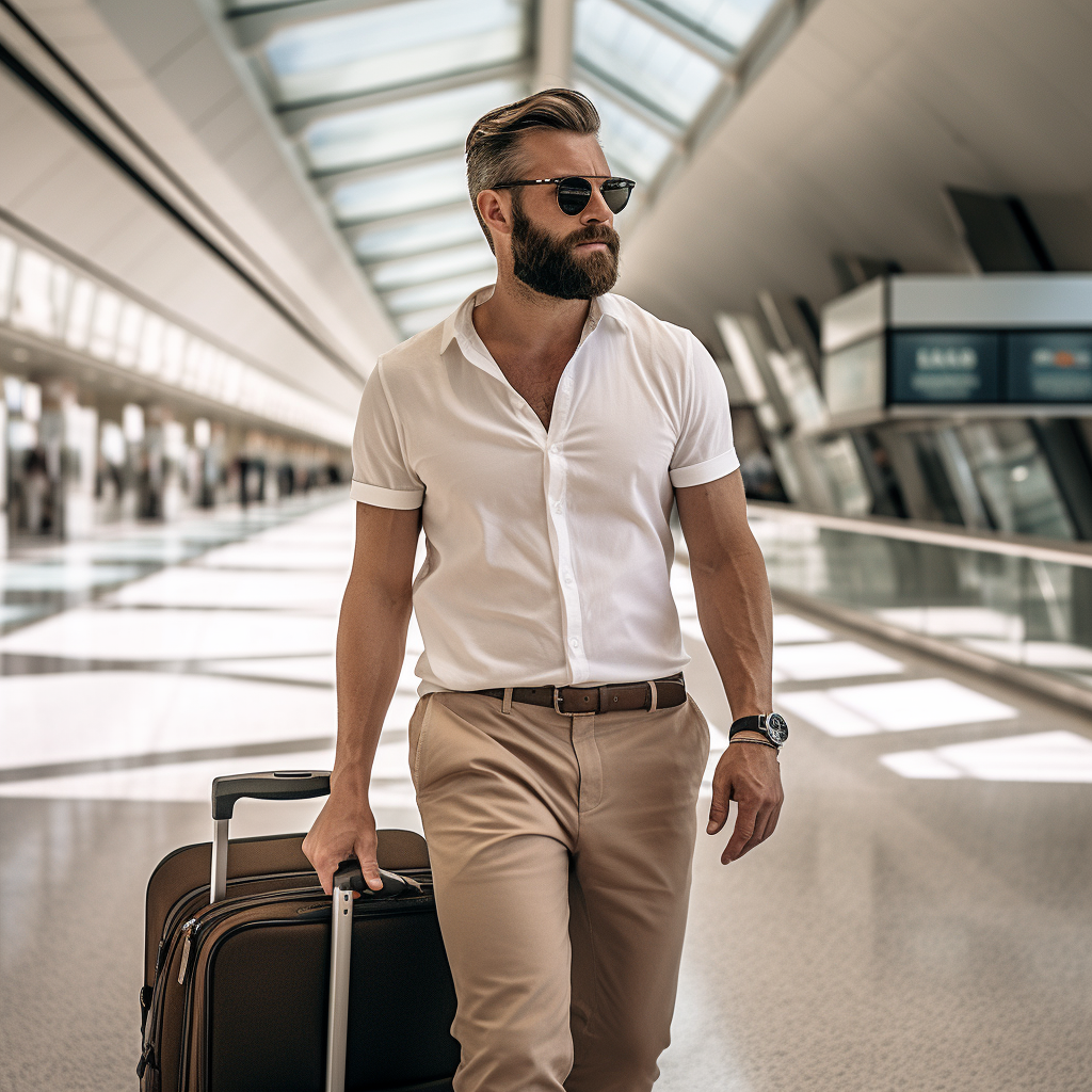 Bearded man in airport with carryon