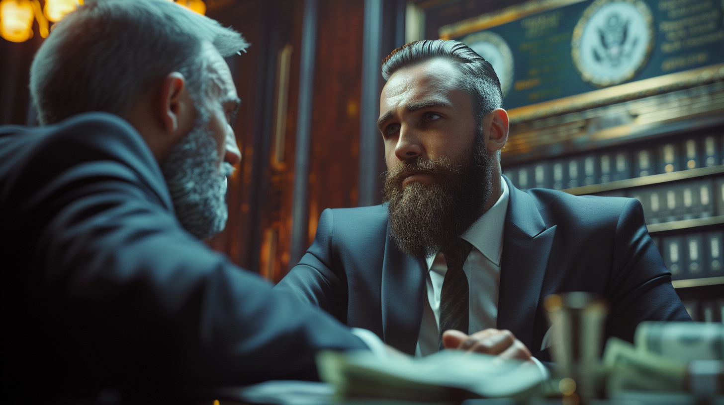 Bearded man at bank with dollars