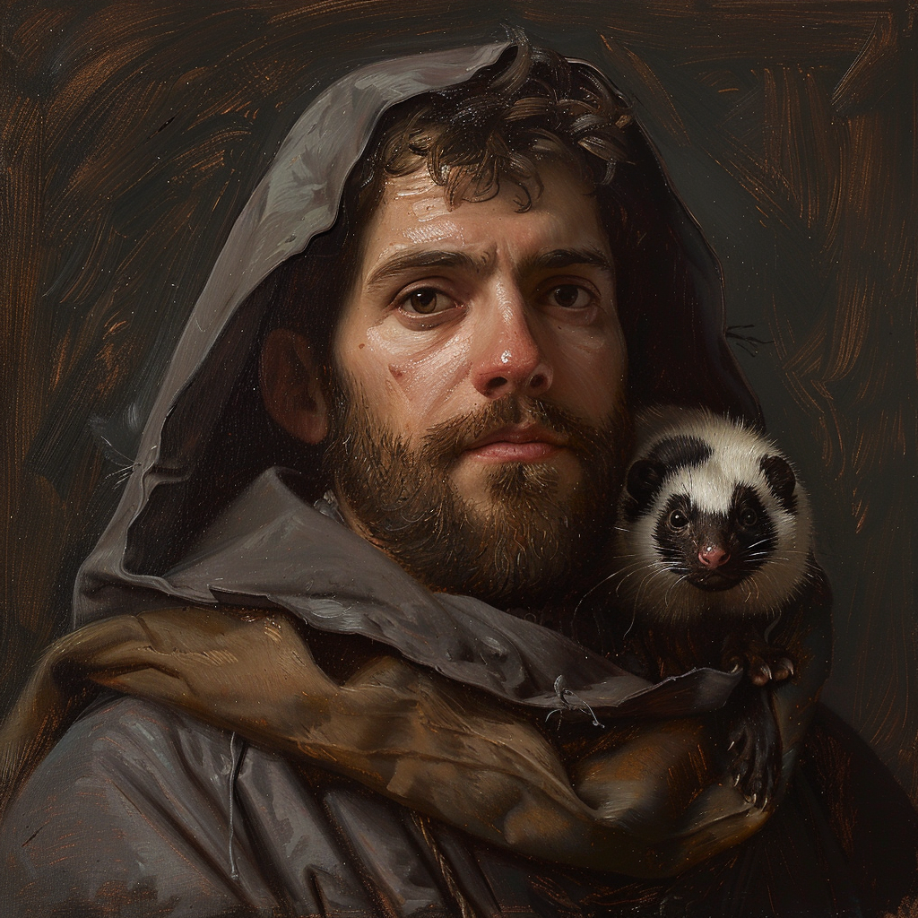 Bearded man with ferret cloak