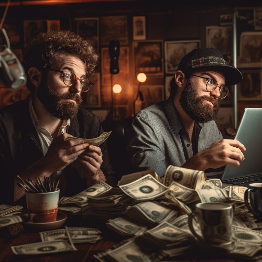 Bearded man programming with moneybags