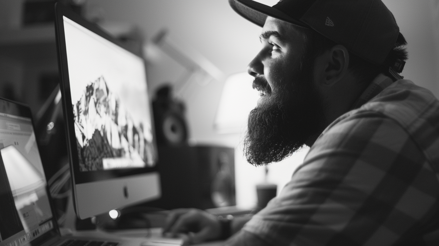 Bearded man computer smiling