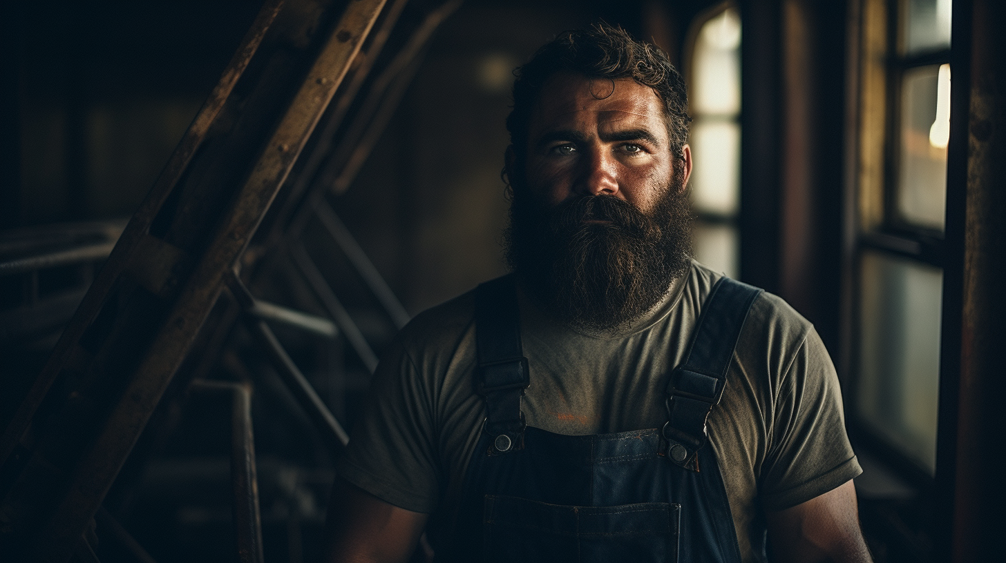 Stylish Bearded Man Ironing in Overalls