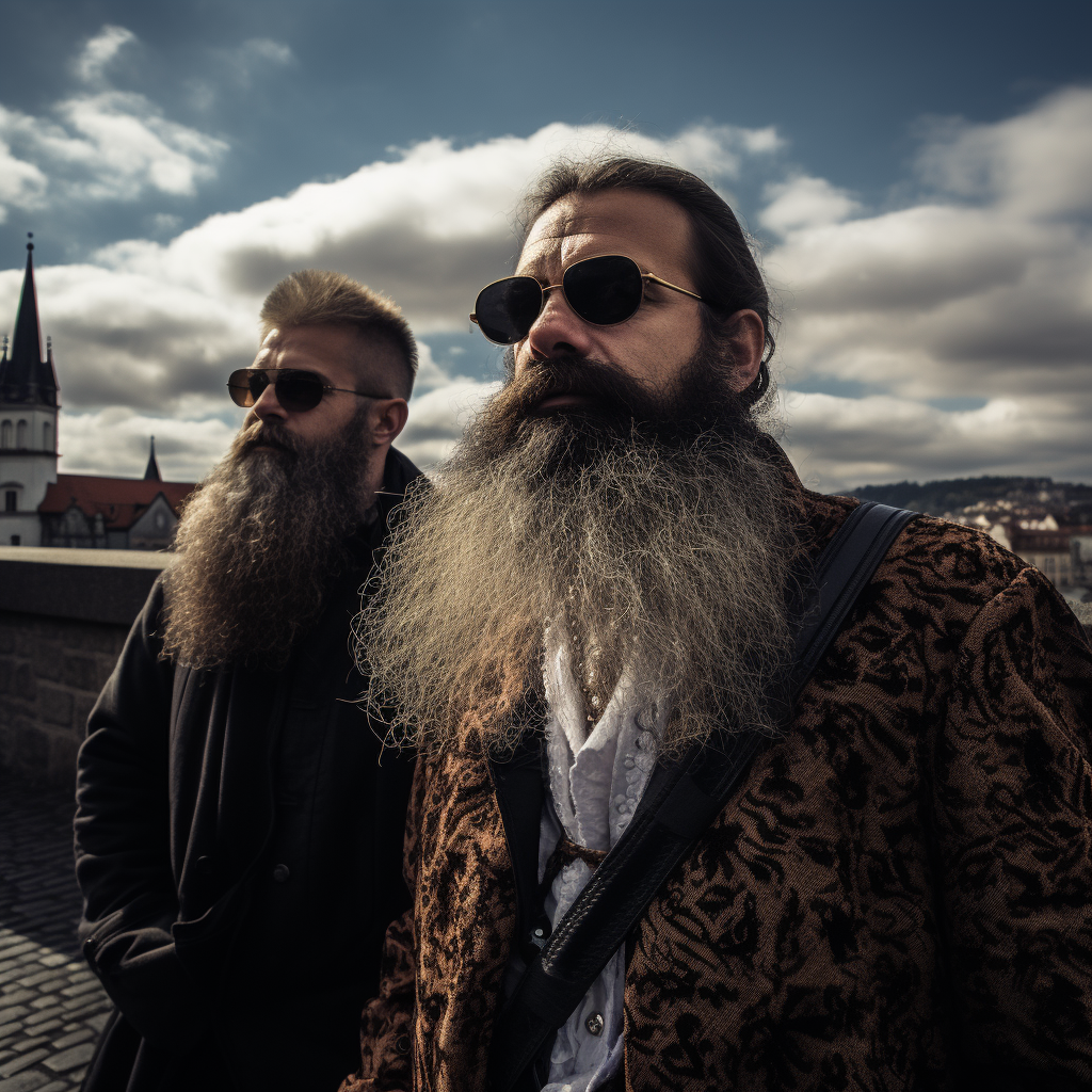 Middle-aged man with a big beard on Charles Bridge in Prague