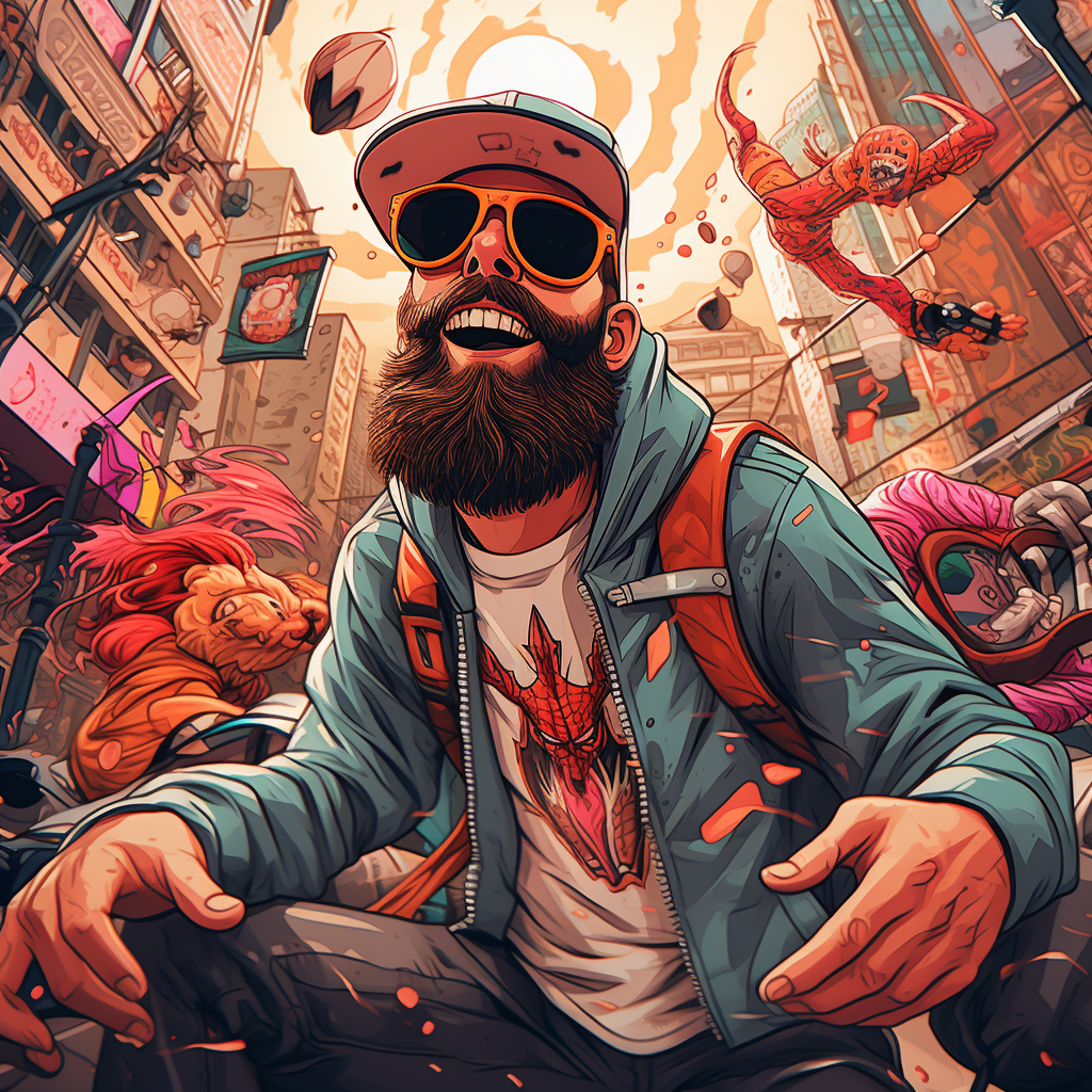 Cartoon of a bearded man in snapback and streetwear falling in Mexico City