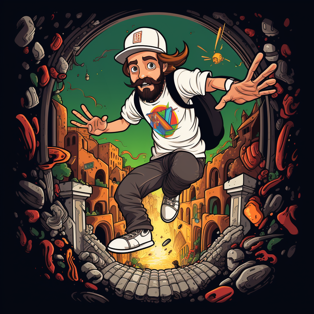 Cartoon of bearded man in streetwear falling to Mexico City