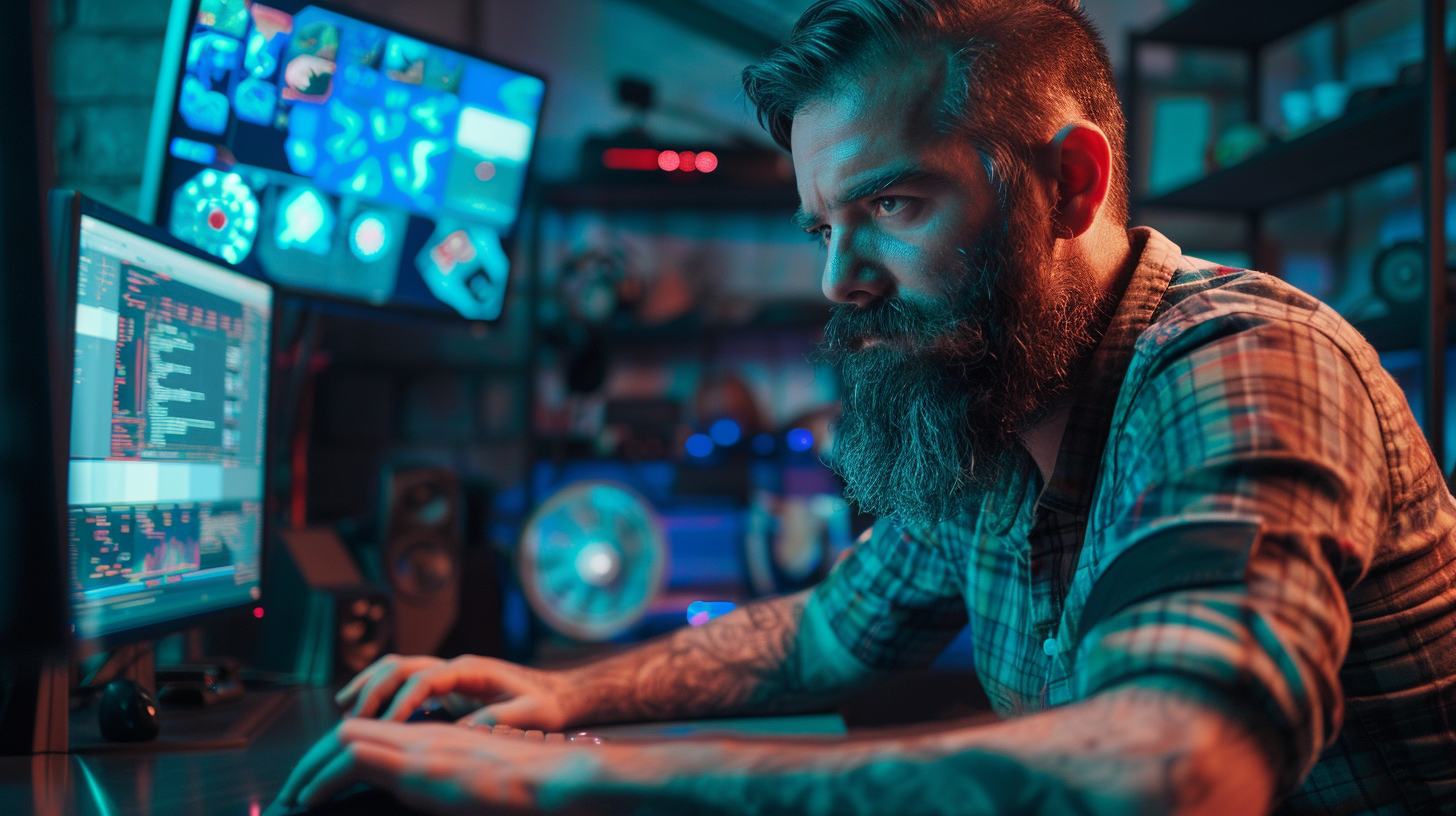 Bearded man holding shield and using computer