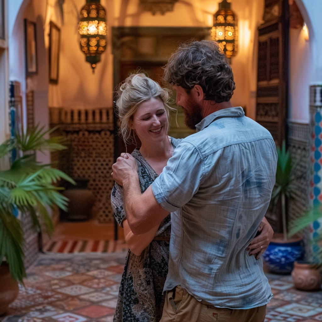 Bearded man and woman dancing at dusk