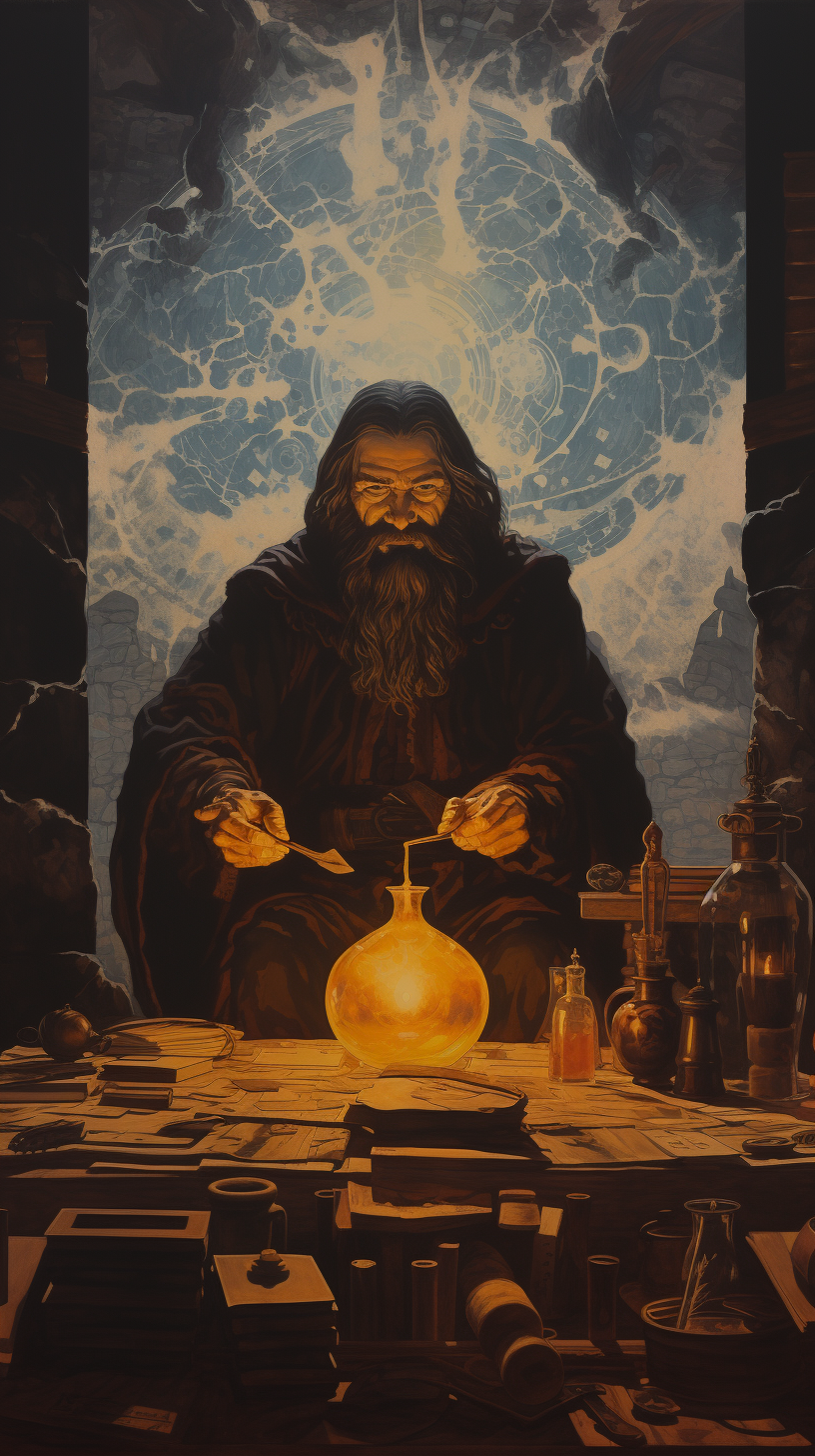 Illustration of a bearded wizard in a potion hut