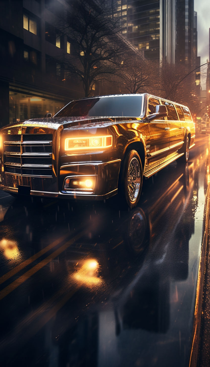 Luxury Beast Limousine speeding through city lights