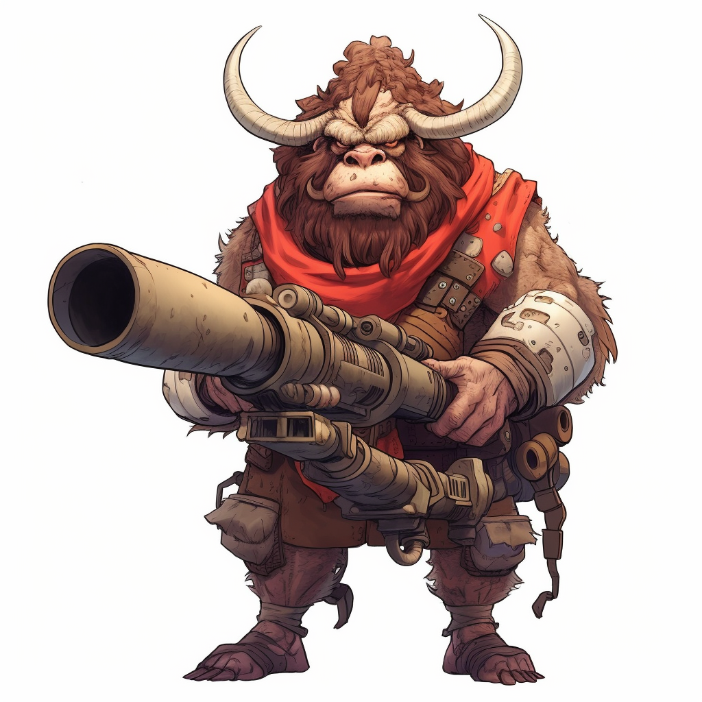 Cartoon beastman cow humanoid with bazooka