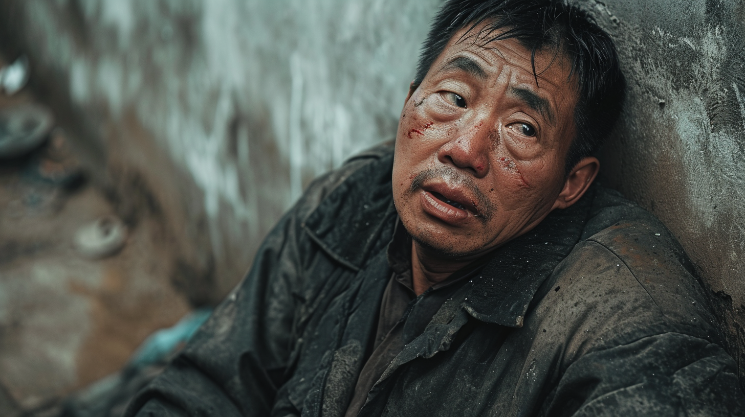 Beaten Chinese man sitting against wall