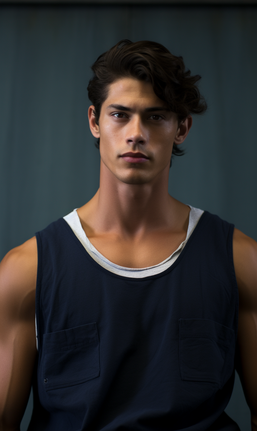 21yo male model in sleeveless shirt showing off his style