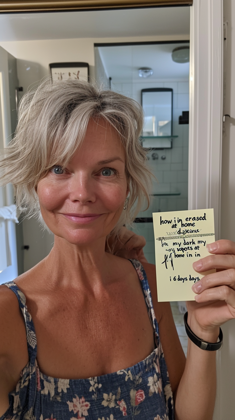 Woman holding a post-it note about erasing dark spots