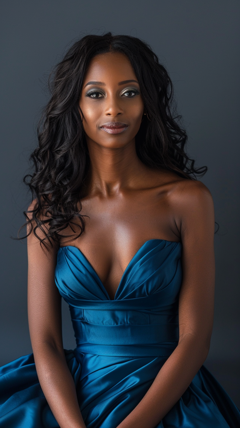 African American woman in blue satin dress (6 words)