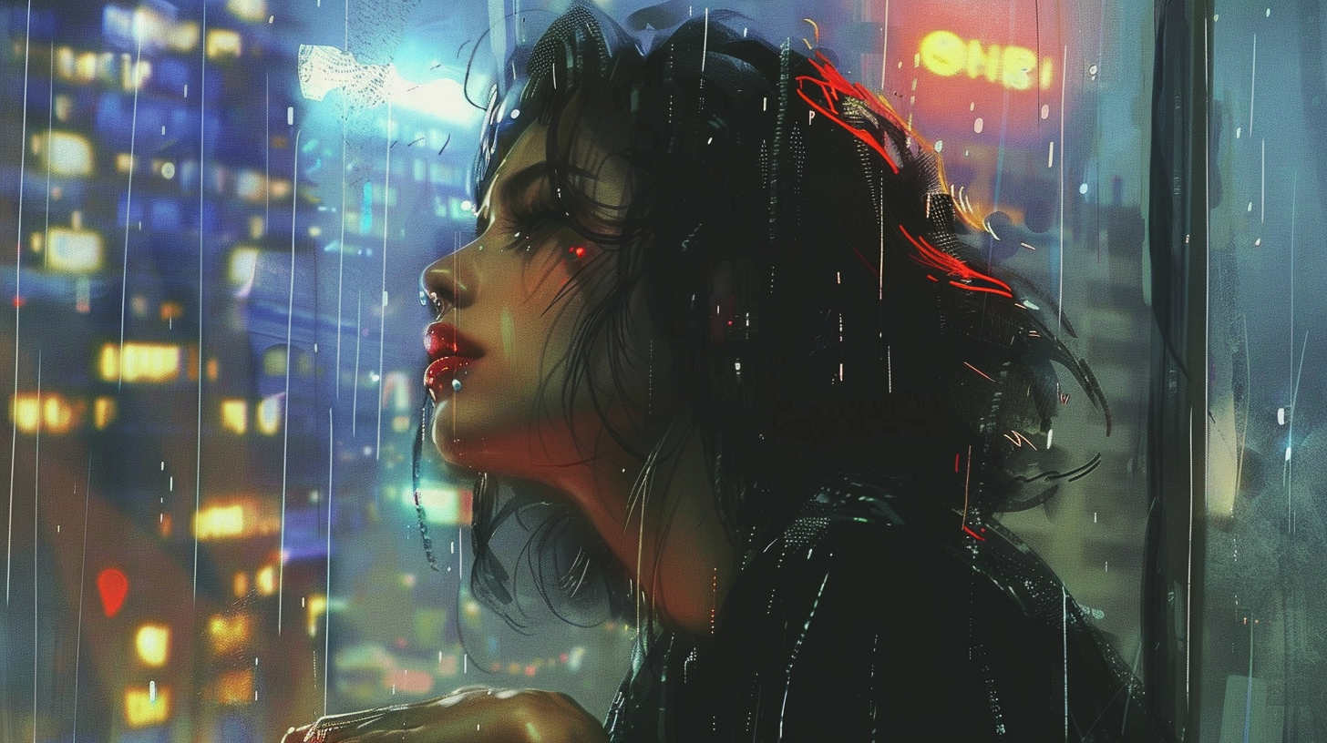 Androgynous woman in cyberpunk city