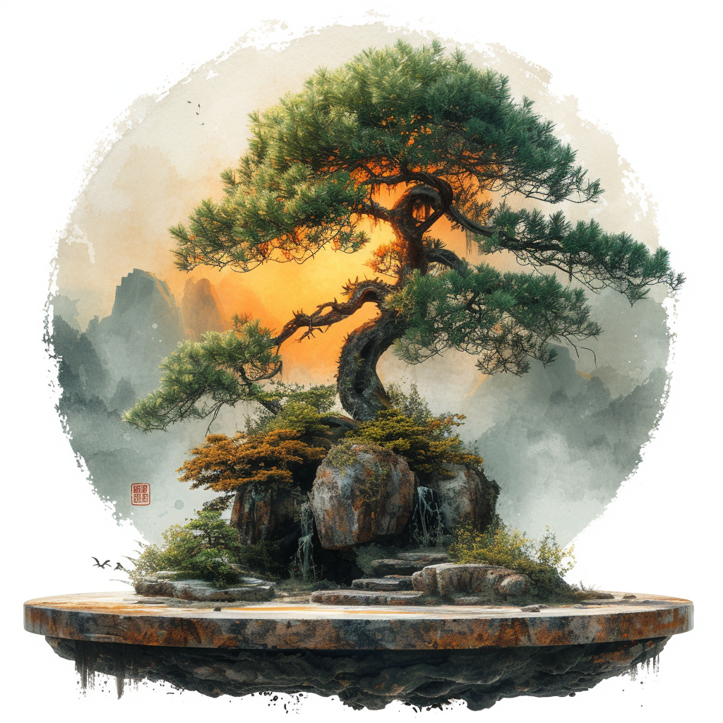 Dramatic Bonsai Watercolor Clipart Image