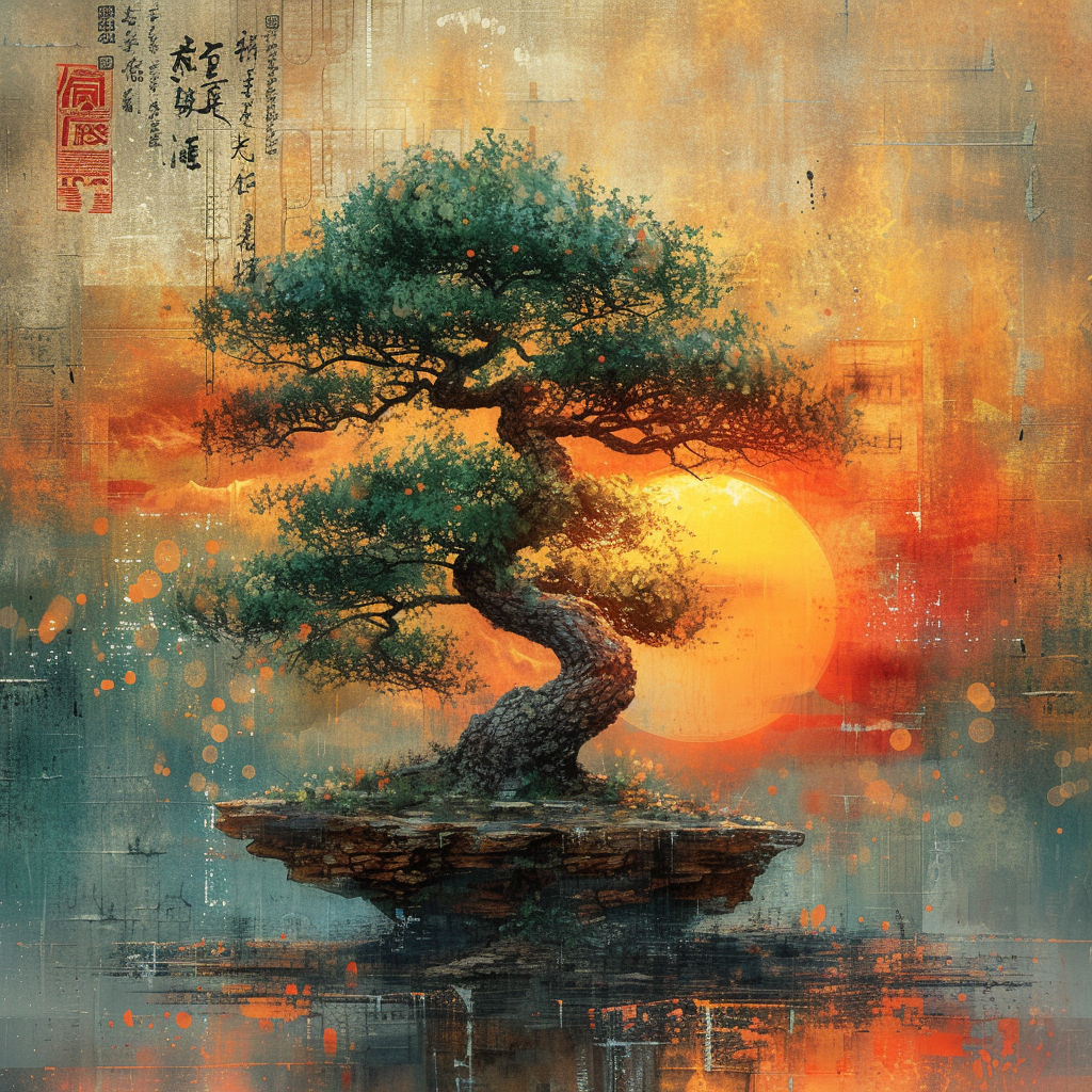 Beautiful Art Dramatic Clipart Bonsai Watercolor Night