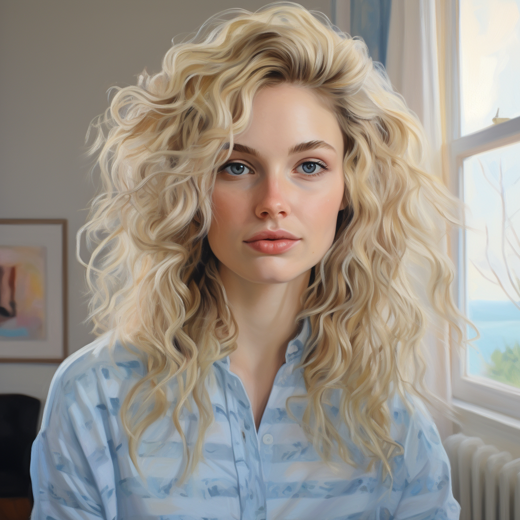 Beautiful artist painting with blonde curly hair