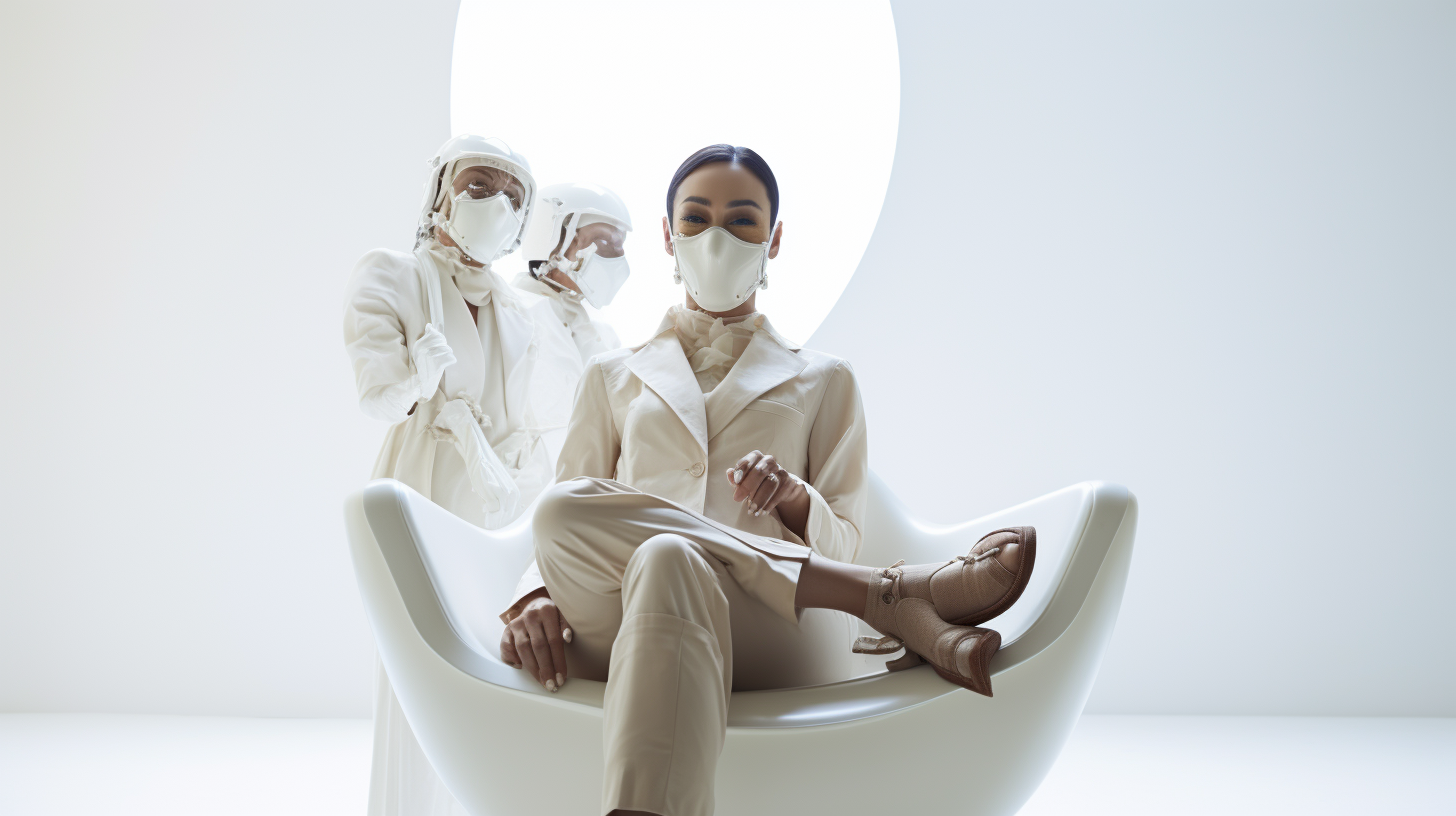 Asian woman in white studio, happy