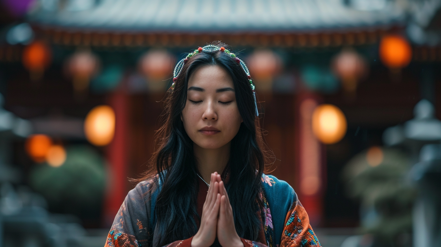 Asian lady meditating portrait