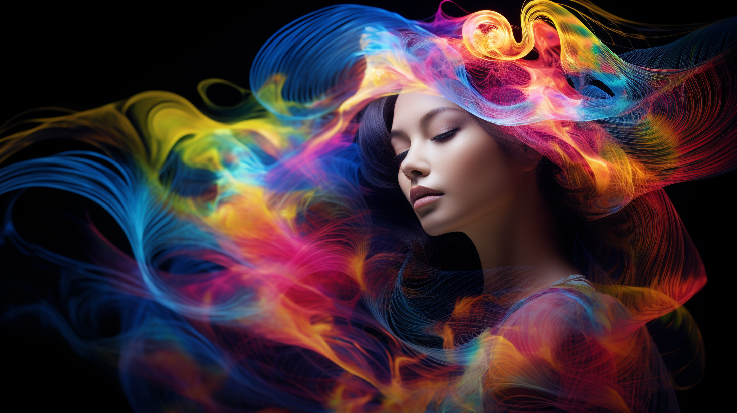 Beautiful Asian model in neon fractal mist