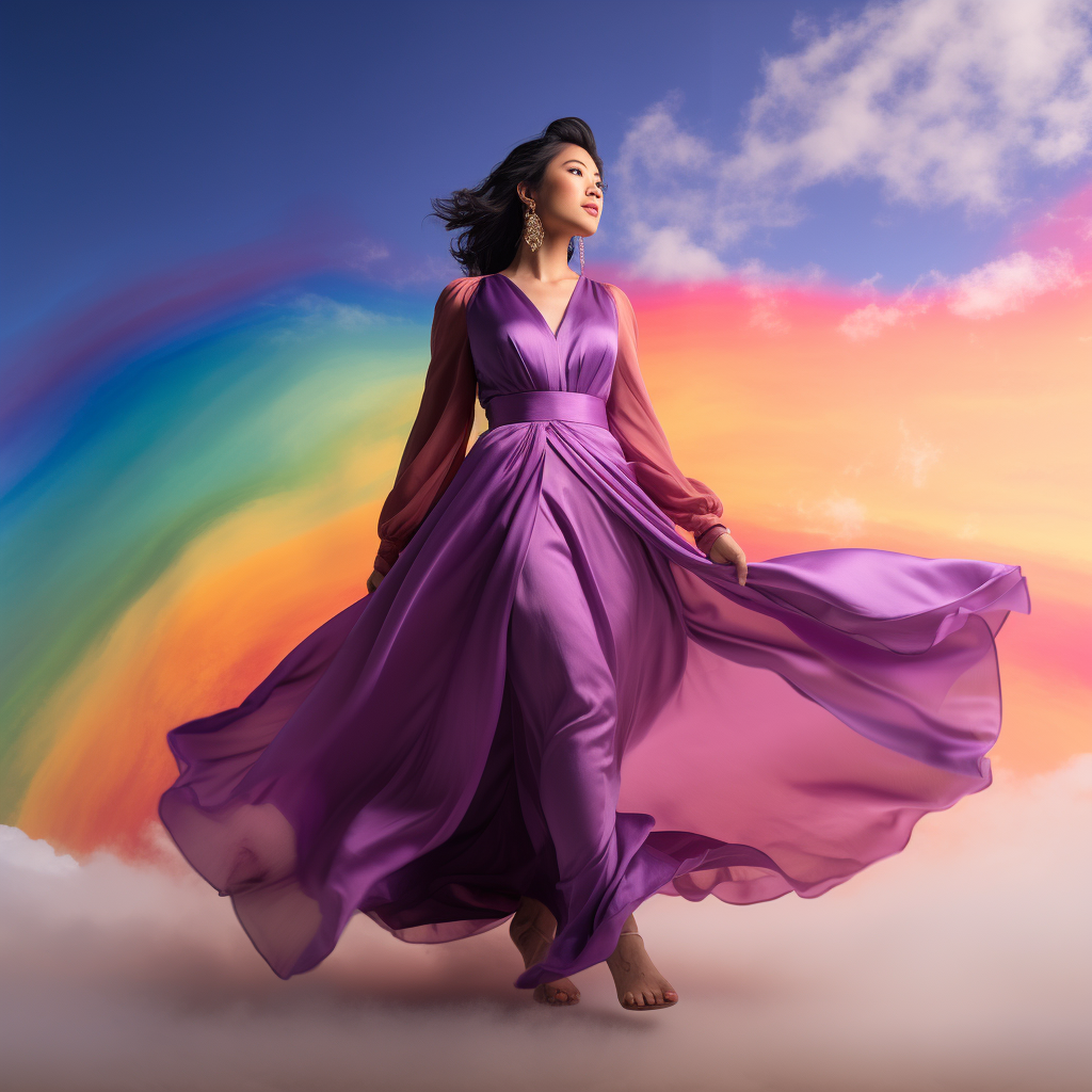 Beautiful Asian Woman in Purple Dress on Rainbow