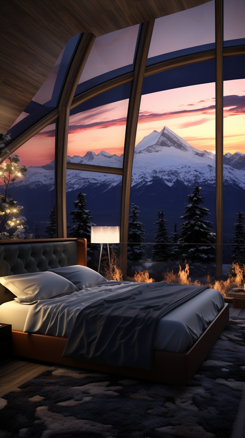 Bedroom with Snowy Mountain and Aurora Borealis View