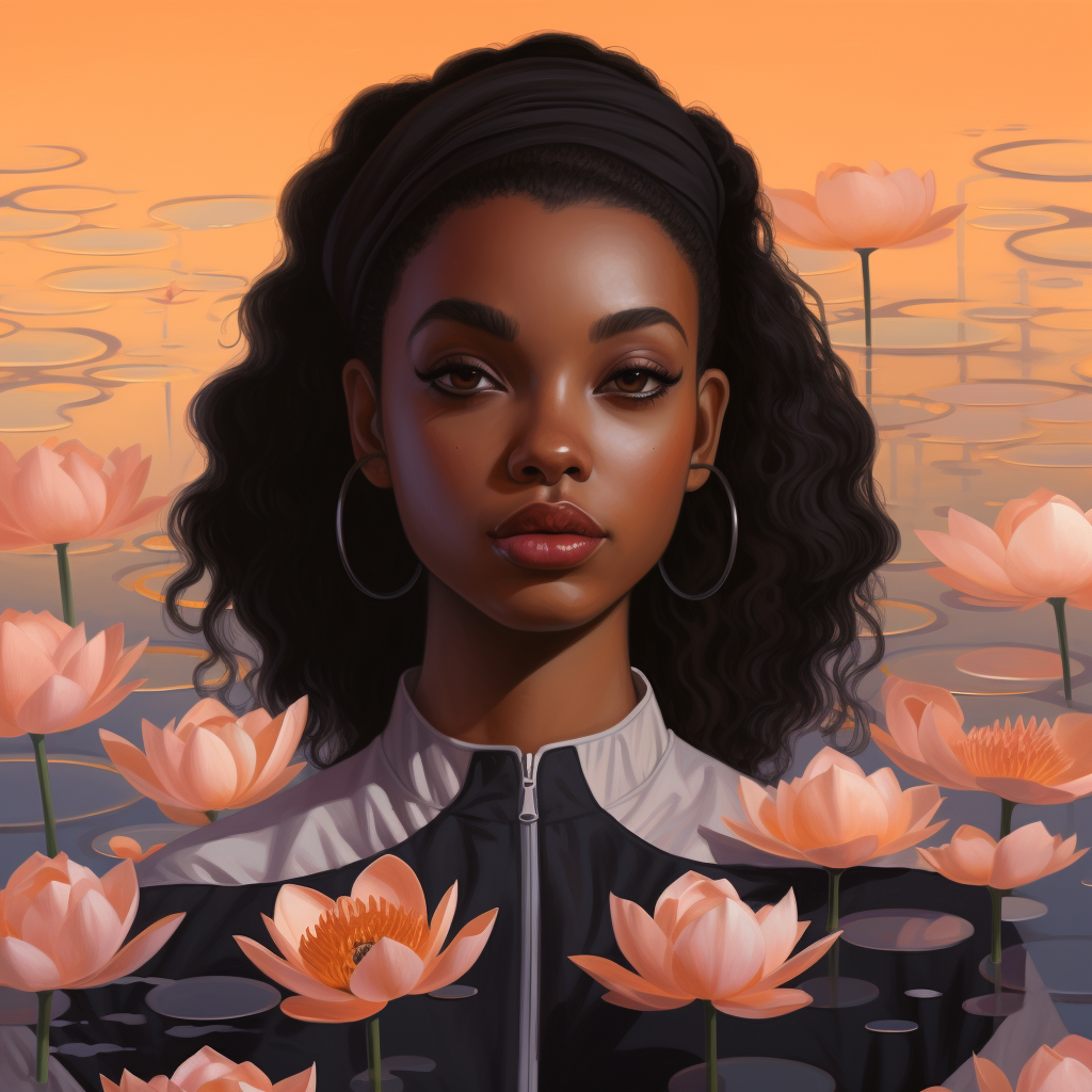 Beautiful black girl surrounded by lilypads