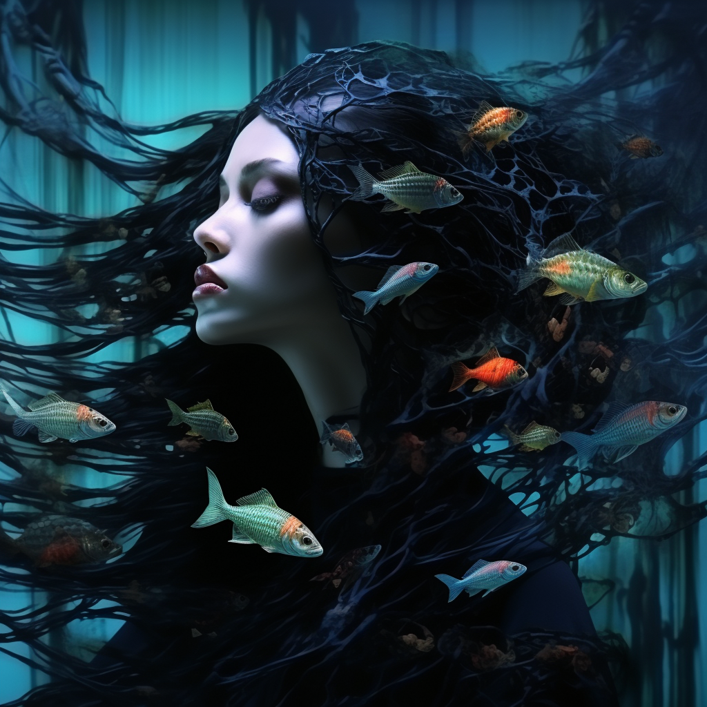 Beautiful black hair underwater mermaid