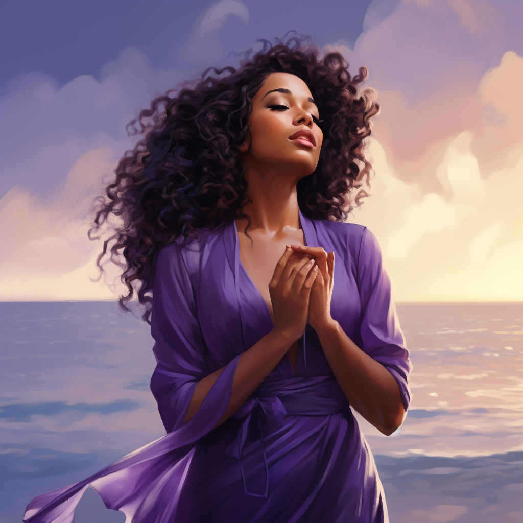 Black woman in beautiful purple dress praying