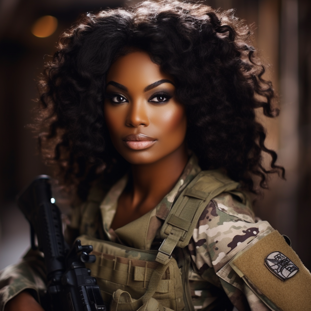 Attractive black female soldier in military uniform