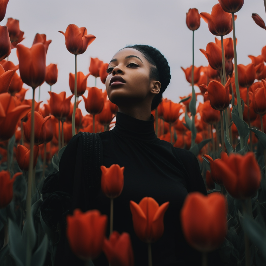 Hyperealistic image of a beautiful black woman surrounded by tulips